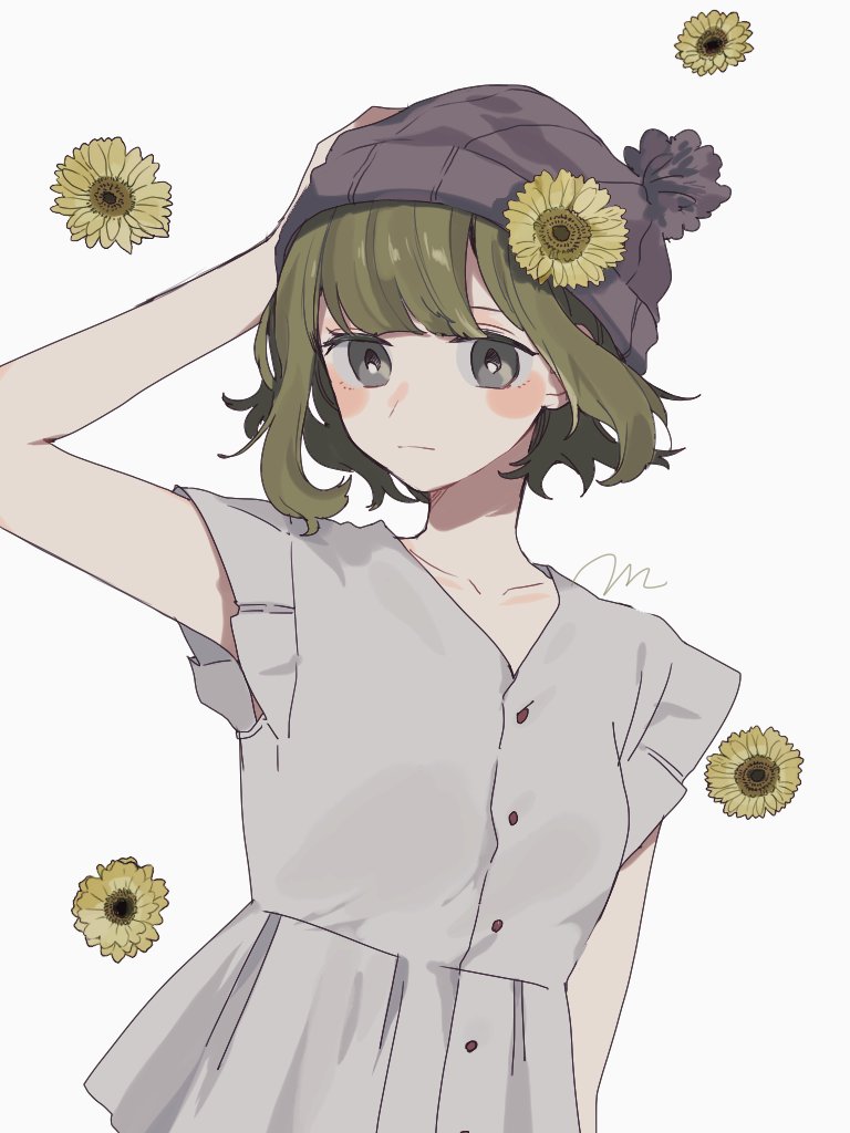 1girl solo flower hat white background beanie green hair  illustration images