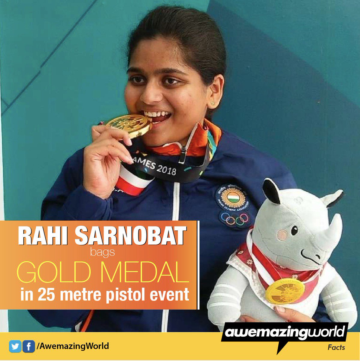awemazingworld's tweet photo. Congratulations Rahi Sarnobat on winning Gold Medal for #India in 25 metre pistol event at #AsianGames2018 

#WomenInSport
@SarnobatRahi https://t.co/FJkD1zNDnw
