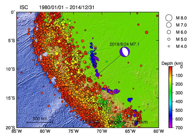 hacchan9642 on Twitter "今日のペルーの深発地震、M7.1。ISCの2014年までの震源分布