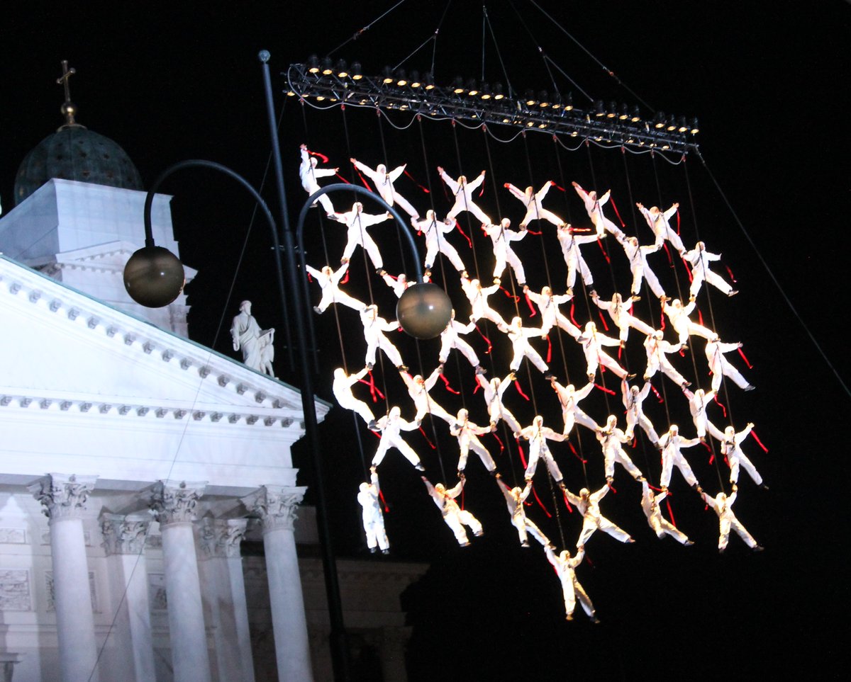 Night of the Arts in Helsinki,  fantastic performance by La fura dels Baus - 40 volunteers hanging from the Crane.  light show, classic music and beautiful coreography! #taiteidenyö #humannet #myhelsinki #visitFinland @LaFuraDelsBaus