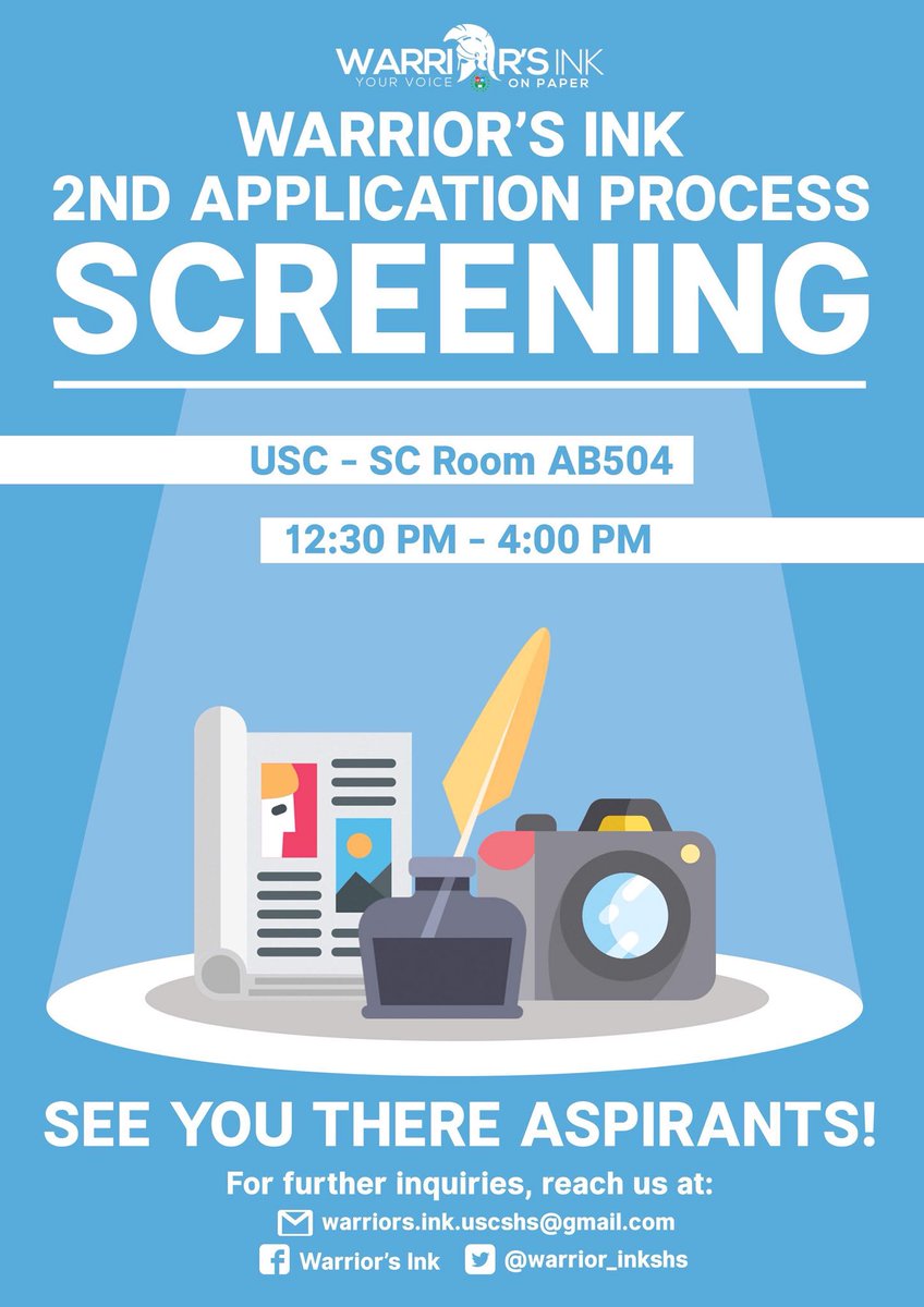 warrior_inkshs's tweet photo. Reminding all Warrior’s Ink Aspirants of tomorrow’s Screening at USC South Campus Room AB504 at 12:30pm-4:00pm.
See you there!
#InkCited
#InkScreening
#WarriorsInk https://t.co/xmLPRe2QD5