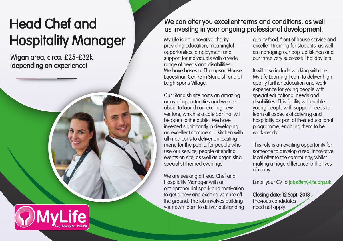 My Life (@mylifecharity) on Twitter photo Please RT. Looking for an entrepreneurial Head Chef and Hospitality Manager, with the motivation to get a new and exciting venture off the ground. £25-£32k, depending on experience. Excellent t&cs. CVs to jobs@my-life.org.uk. Previous applicants need not apply <a href="/Cazzatomlinson/">Caroline Tomlinson</a> Please RT. Looking for an entrepreneurial Head Chef and Hospitality Manager, with the motivation to get a new and exciting venture off the ground. £25-£32k, depending on experience. Excellent t&cs. CVs to jobs@my-life.org.uk. Previous applicants need not apply <a href="/Cazzatomlinson/">Caroline Tomlinson</a>