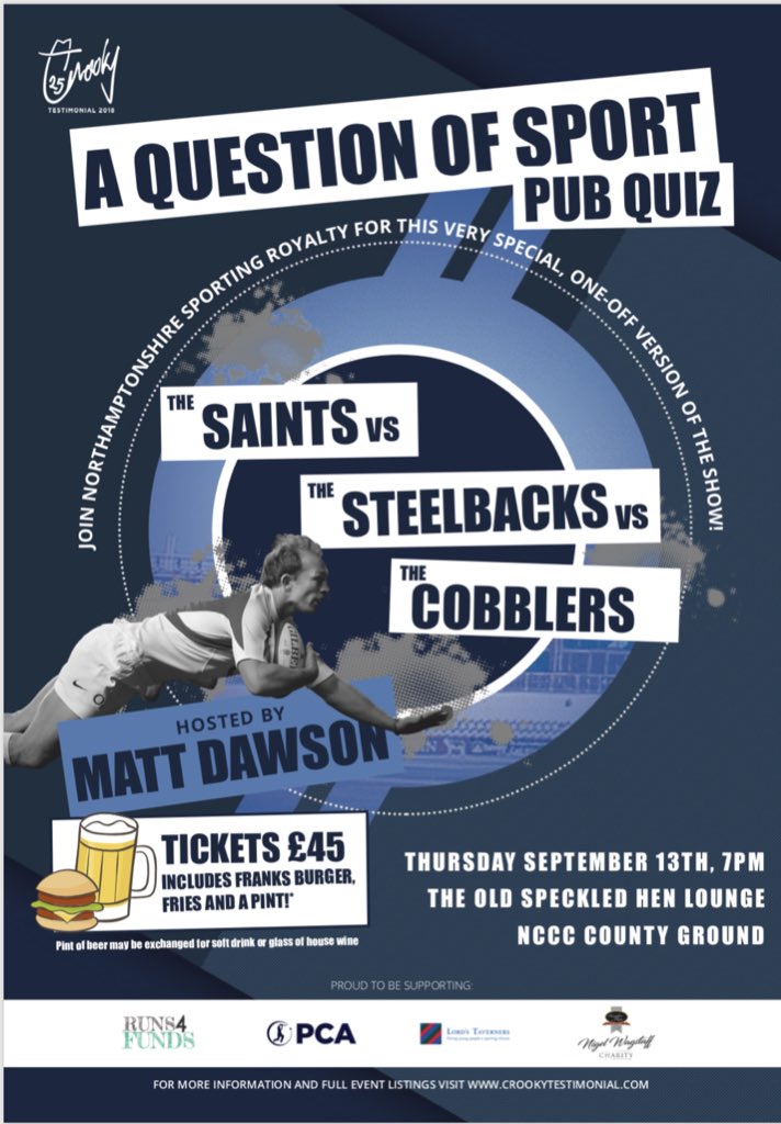 Next up for <a href="/stevecrook25/">Steven Crook</a>’s testimonial fun is this sport fest on Thurs 13 September <a href="/NorthantsCCC/">Northamptonshire CCC</a>. Northampton’s sporting royalty goes head to head in a special #AQuestionOfSport Pub Quiz hosted by <a href="/matt9dawson/">Matt Dawson</a>. 🏏 vs 🏉 vs ⚽️. Whose side are you on?  Tickets on sale now.