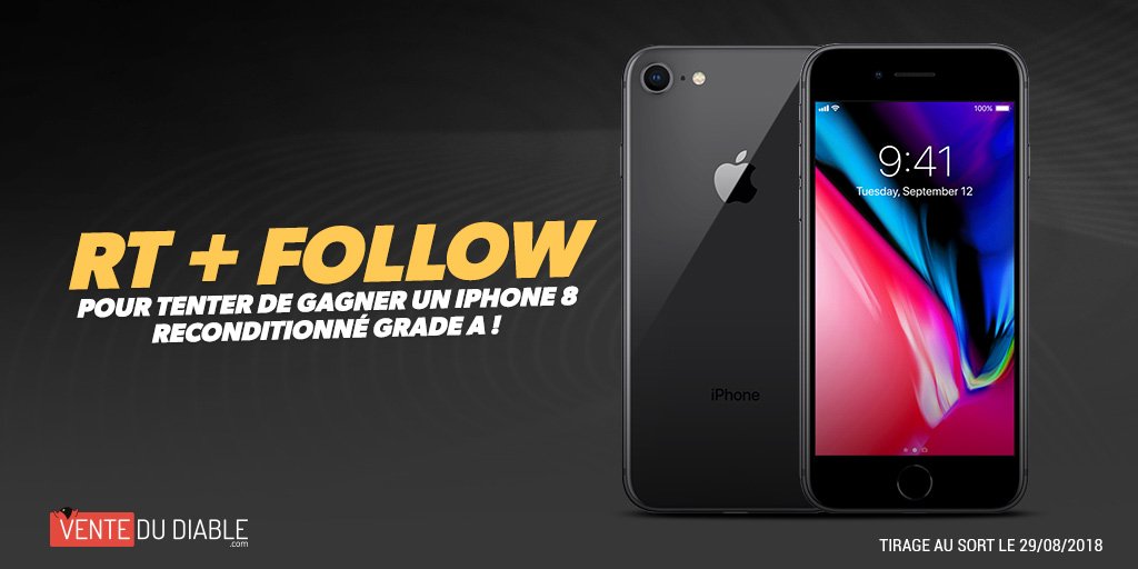 🎁 #Concours

📱Envie de gagner un #iPhone8 64Go ? 😱😍

🤩 Pour jouer c'est facile : RT ce tweet + follow <a href="/Vente_Du_Diable/">Vente Du Diable</a> 

 🍏 iPhone Addict ? On se retrouve sur #VenteDuDiable pour un max de bons plans 👉 bit.ly/2wdI8rH 

🏁 TAS le 29/08.