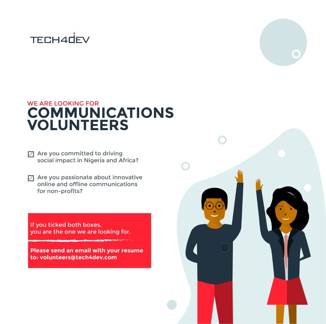 Tech4DevHQ's tweet photo. Are you committed to driving #SocialImpact across Nigeria &amp; Africa? Join us @Tech4DevHQ
Email: volunteers@tech4dev.com #tech4dev #SocialDevelopment #nonprofit #volunteer https://t.co/d7YjW7wodJ