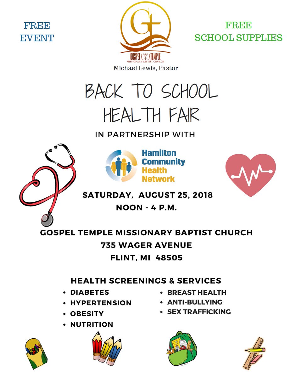 HamiltonCHN's tweet photo. Hamilton and Gospel Temple Missionary Baptist Church is ready to make sure your student is set for the start of school! See you tomorrow at The Back to School Health Fair! https://t.co/EOHDvVbJZb