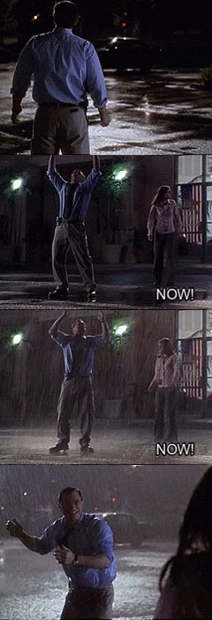 Will Bailey from The West Wing jokingly attempts to summon rain, and then a downpour actually starts