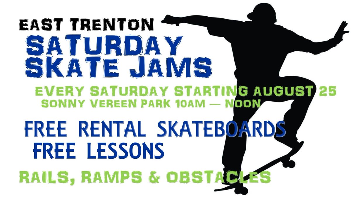 In an effort to promote a Skatepark being built in East Trenton NJ we are meeting, skating and sharing ideas and thoughts about the vision.
Free Rental of Skateboards, Free Lessons, Rails, Ramps &amp; Obstacles
All skill levels encouraged to attend