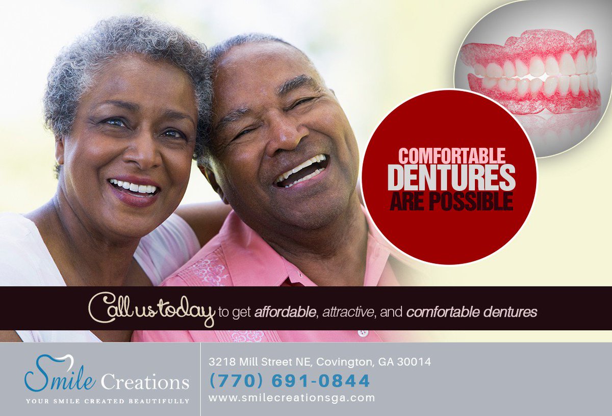 SmleCreationsPC's tweet photo. New and improved #denture options can fit your needs so you have a beautiful, comfortable new #smile in no time. Call (770) 691-0844 today. #dentures #Dentist #CleanEats #OralHealth https://t.co/N7JvEmRc65
