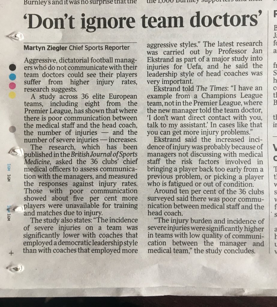 Seen this before with Docs/Physio’s working in sport! Good to see evidence published. Communication and teamwork is essential to success! Any link @BJSM_BMJ @JanEkstrand @thetimes ? #communication #injuryprevention #footballphysio #footballmedicine