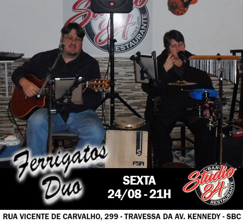 Studio84Rock's tweet image. HOJE TEM FERRIGATOS DUO AQUI NO STUDIO 84! 
Drinks e porções deliciosas com um preço maravilhoso ;)
E o melhor, ENTRADA GRÁTIS a noite inteira!
#Studio84 #FerrigatosDuo #Sextafeira