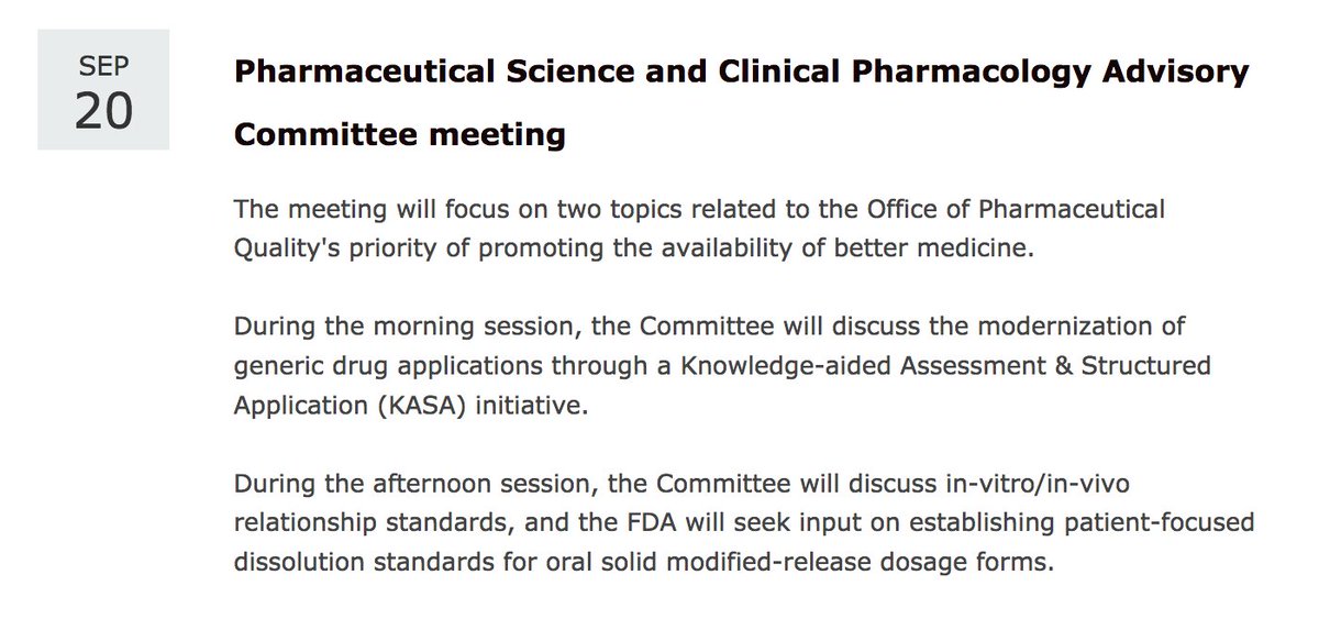 FDAadcomm's tweet image. Upcoming @US_FDA Advisory Committee Meetings
Sep 12 #PCAC sac-tracker.com/pcac-20180912-…
Sep 20 #PEDAC sac-tracker.com/pedac-20180920…
Sep 20 #PSCP sac-tracker.com/pscp-20180920-…
Oct 3 #VRBPAC sac-tracker.com/vrbpac-2018100…
#Compounding #Pediatrics #Generics #KASA #FluVaccine