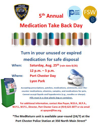 Tomorrow!  5th Annual Medication Take Back Day - Turn in your unused or expired medication for safe disposal.