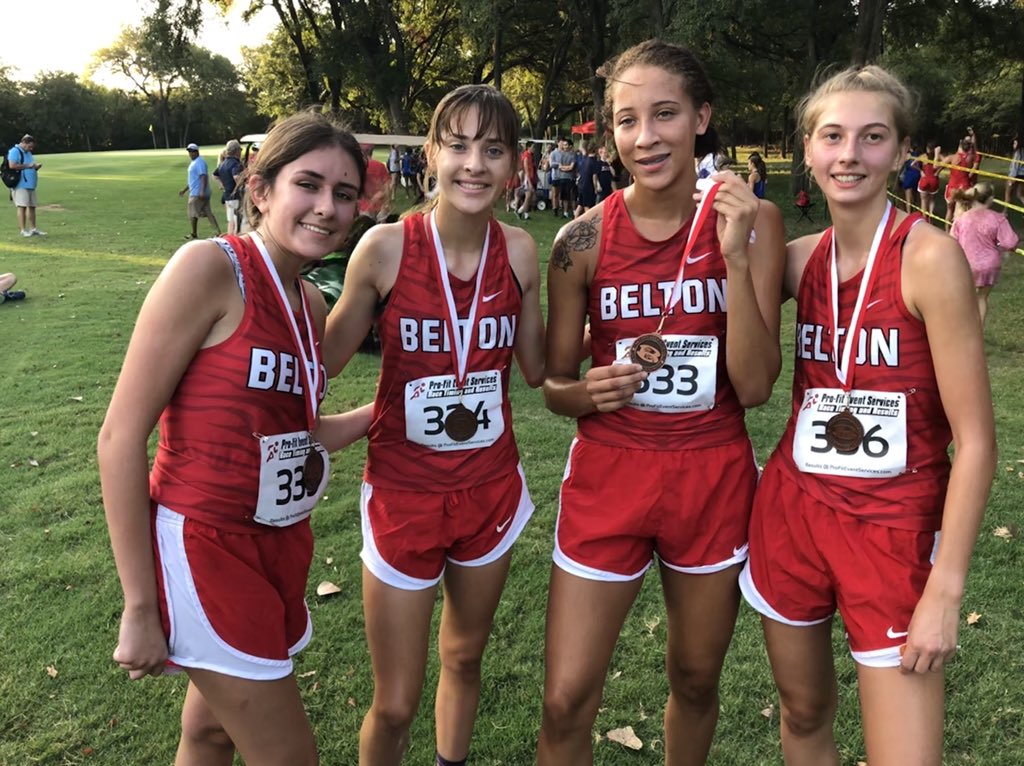 randypittenger's tweet photo. Our awesome medalists at the Belton Invitational Cross Country Meet. Lady Tiger bling! #TigersRunFast #BeltonXC #ILoveBelton https://t.co/jjUUYUtBxs
