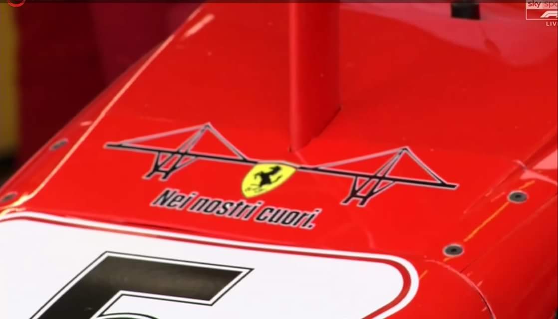 Drewmax13's tweet photo. @ScuderiaFerrari 👏 @ComunediGenova #Morandi 💓 #F12018 @SkySportF1 @F1 @FormulaPassion @FormulaHumor https://t.co/pFA5ECPRtR