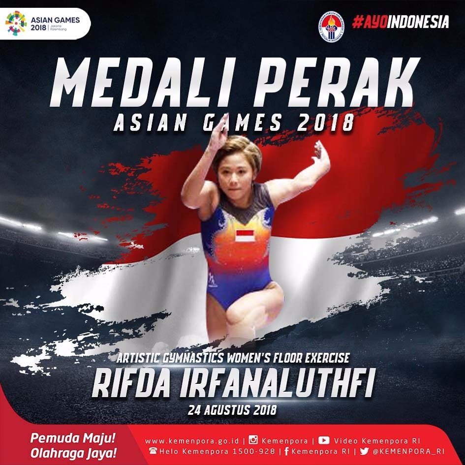 KEMENPORA_RI's tweet photo. Terima kasih Rifda Irfanalutfi , gerakan senam yang indah bisa mempersembahkan medali untuk Indonesia. Terus berprestasi dan selalu menjadi kebanggaan Indonesia. 
.
#AsianGames2018
#AsianGames
#AsianGamesKita
#AyoIndonesia 
#IndonesiaJuara https://t.co/8cxEWcNYWK