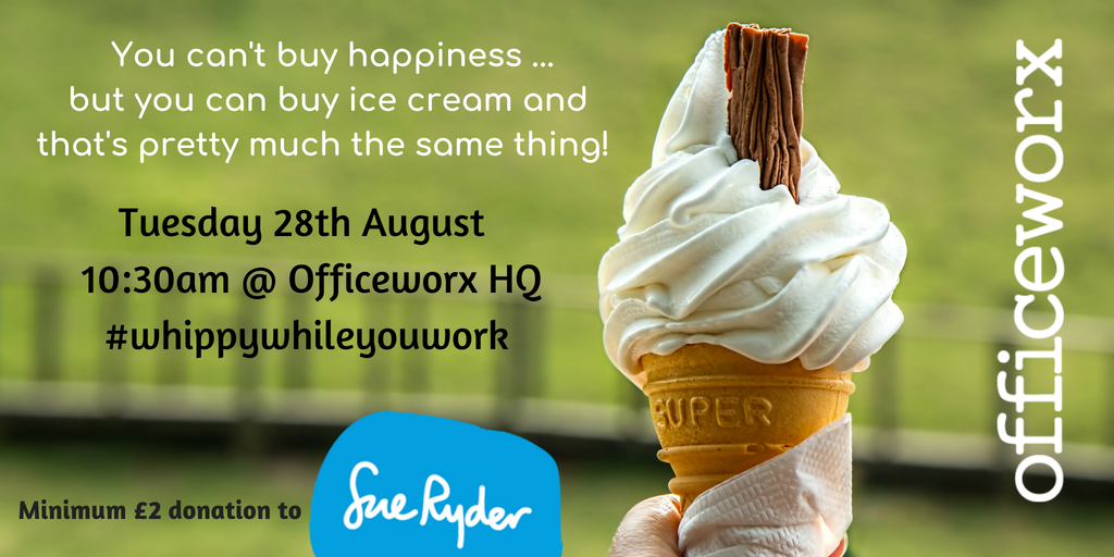 We are delighted to be supporting the @SueRyderLCH #whippywhileyouwork campaign with <a href="/MrWhippyHire/">Mr Whippy Cheltenham</a> 🍦🍦Pop by <a href="/officeworx/">Officeworx Ltd</a> Tuesday morning at 10:30am to buy an ice cream! 😀