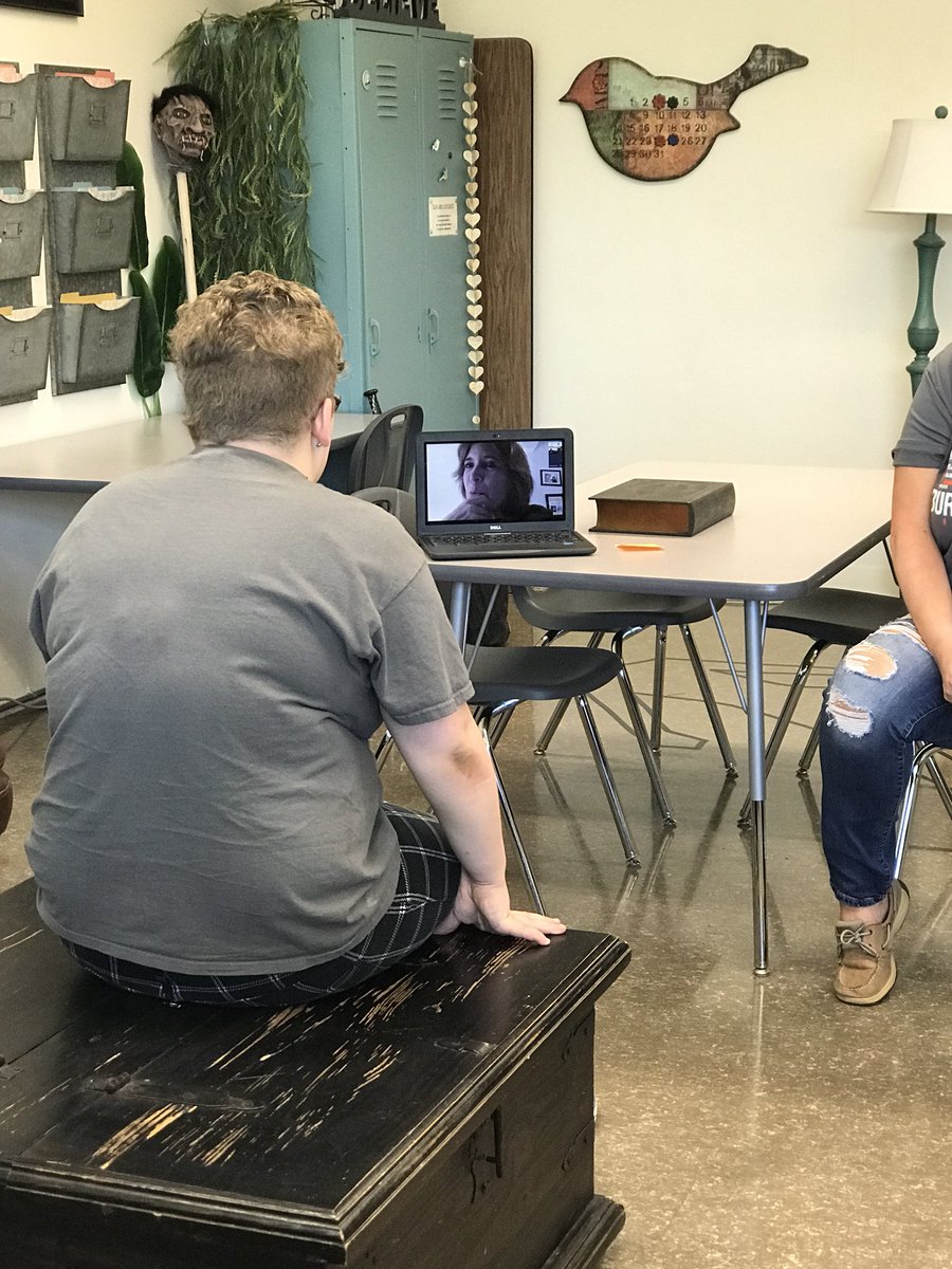 MsP_theteacher's tweet photo. Just doing a little #authorchat about how to write a successful childrenโs book with @nchurnin in @K_ReneePappas AP English class! The advice she gave the kids was great, and Iโm so glad she could join us in @GoogleHangouts ! #bisdpbl #PBLlaunch https://t.co/AYhEiSOo3N