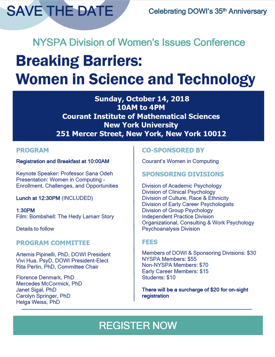 Registration now open for the upcoming DOWI Conference: Breaking Barriers: Women in Science &amp; Technology being held Sunday, October 14th at Courant Institute of Mathematical Sciences at New York University. nyspa.org/events/EventDe…
