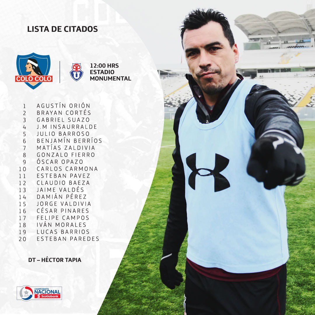 ColoColo's tweet photo. Convocados: Estos son los elegidos para defender mañana nuestros colores #EsteEsMiSuperclásico #VamosCacique https://t.co/FLVJTB0ITF