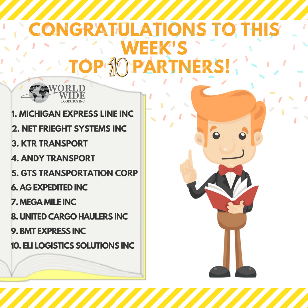ww_logistics's tweet photo. World Wide Logistics Inc. would like to #reach out to and #congratulate the following 10 Partners, all of whom have #communicated with #excellence and have #demonstrated great #initiative while working alongside our #company. #Congratulations to our #Top 10 #Partners this week!👏 https://t.co/nVPiBLryvr