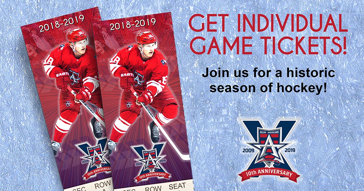 Hey Americans Fans! Single tickets go on sale MONDAY, August 27th!
•
•
•
#AAIA #GoRED #ItIsOctoberYet #ECHL #TenYearAnniversary 
@AllenAmericans