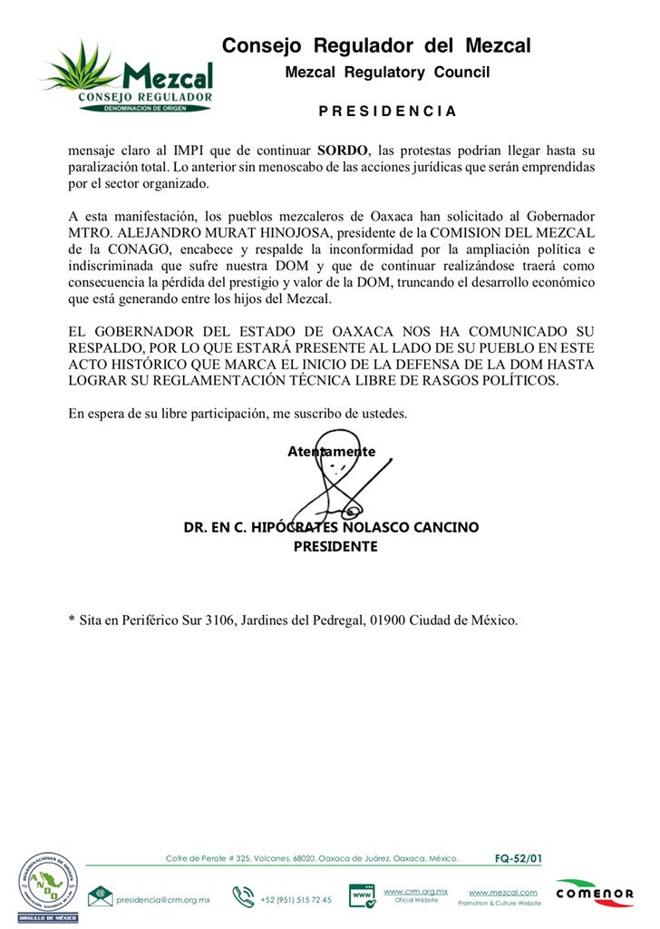 Hipocrates_NC's tweet photo. El CRM convoca por peticion de los productores de Mezcal a una protesta pacifica frente al IMPI https://t.co/CKfbF9ePKD