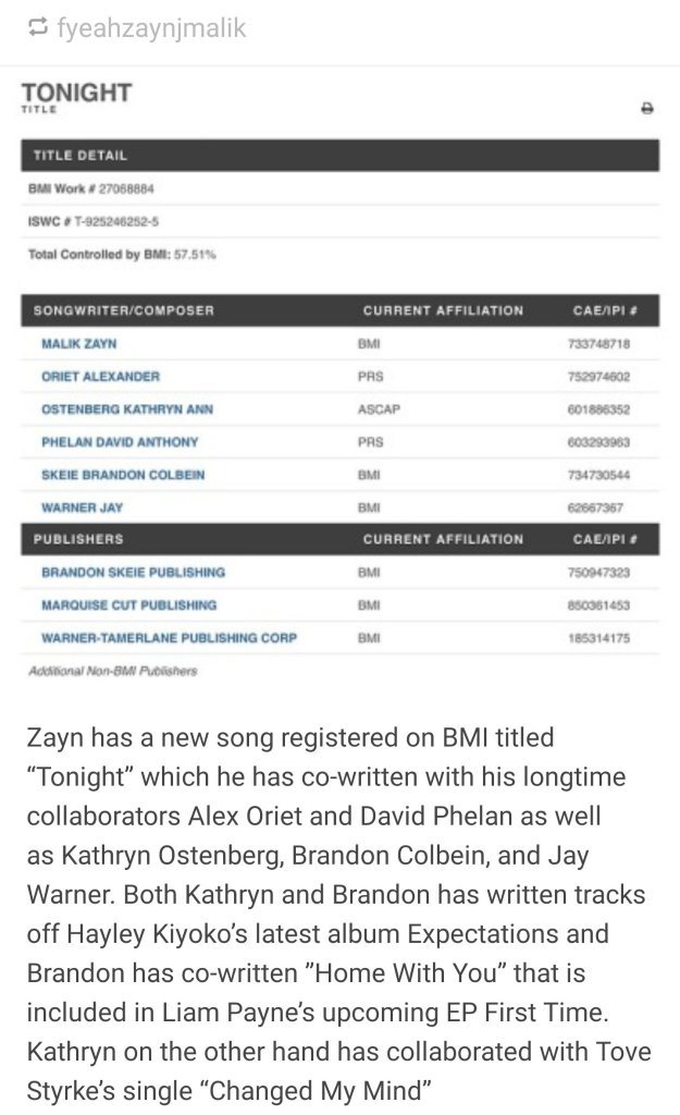 - HOME WITH YOU TONIGHT - "Home with you" came out today and Zayn registered "tonight" today, and they're both written by Brendon Skeie. Can you be anymore obvious?