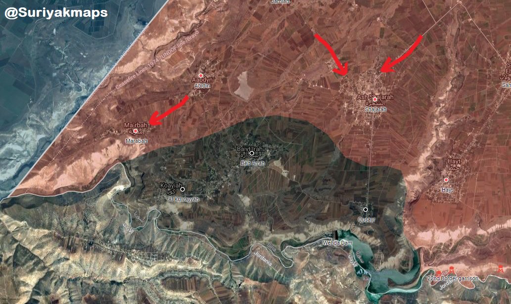 Suriyakmaps's tweet photo. #Daraa:
- 30/7/2018: #SAA #Tiger_Forces liberated Marabah & Shajarah villages
- 31/7/2018: #SAA #Tiger_forces liberated Al Kuwayyah, Beit Arrah, Qusayr villages & Wehda Dam expelling #ISIS from the province & ending #OpBasalt after 42 days of offensive https://t.co/TWRCSGjC4f