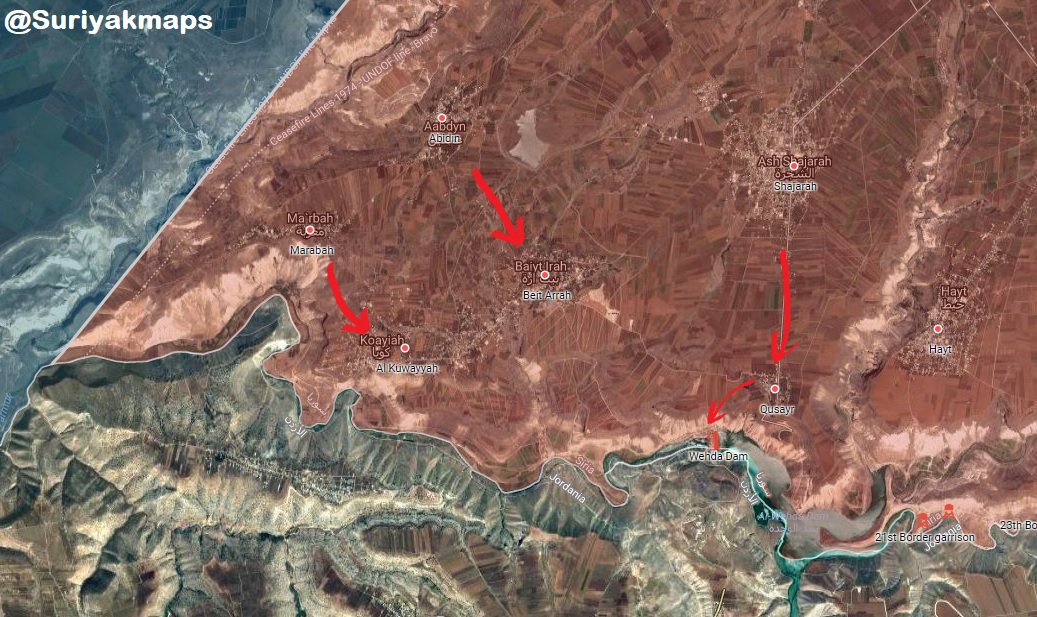 Suriyakmaps's tweet photo. #Daraa:
- 30/7/2018: #SAA #Tiger_Forces liberated Marabah & Shajarah villages
- 31/7/2018: #SAA #Tiger_forces liberated Al Kuwayyah, Beit Arrah, Qusayr villages & Wehda Dam expelling #ISIS from the province & ending #OpBasalt after 42 days of offensive https://t.co/TWRCSGjC4f