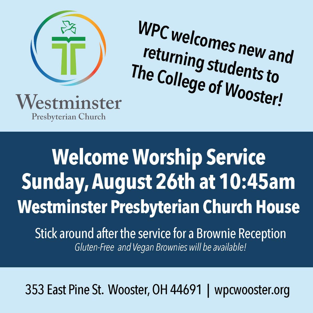 UkirkWooster's tweet photo. Join us in worship this Sunday at Westminster Presbyterian Church, the Congregation-in-Residence at @WooEdu! If you'd like to walk over with a group, UKirk will meet for breakfast at 10am in Lowry (by the cereal station). Stick around after the service for brownies! https://t.co/1ifIViE6P7