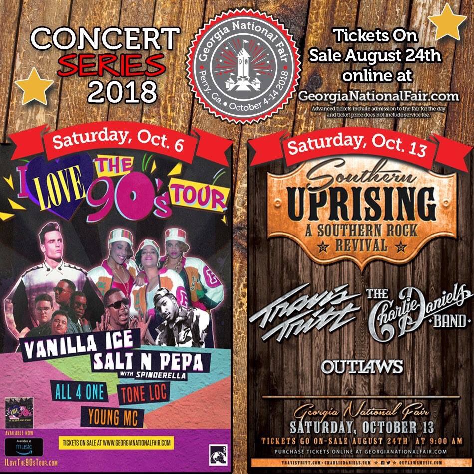 GAnationalfair's tweet photo. Concert tickets are on sale NOW! Get your tickets today for the I Love the 90's Tour on October 6 and Southern Uprising on October 13. Tickets can be purchased at https://t.co/bJh1z8fMIw. #ilovethe90s #southernuprising #gnf2018 https://t.co/6eyQVPvezp