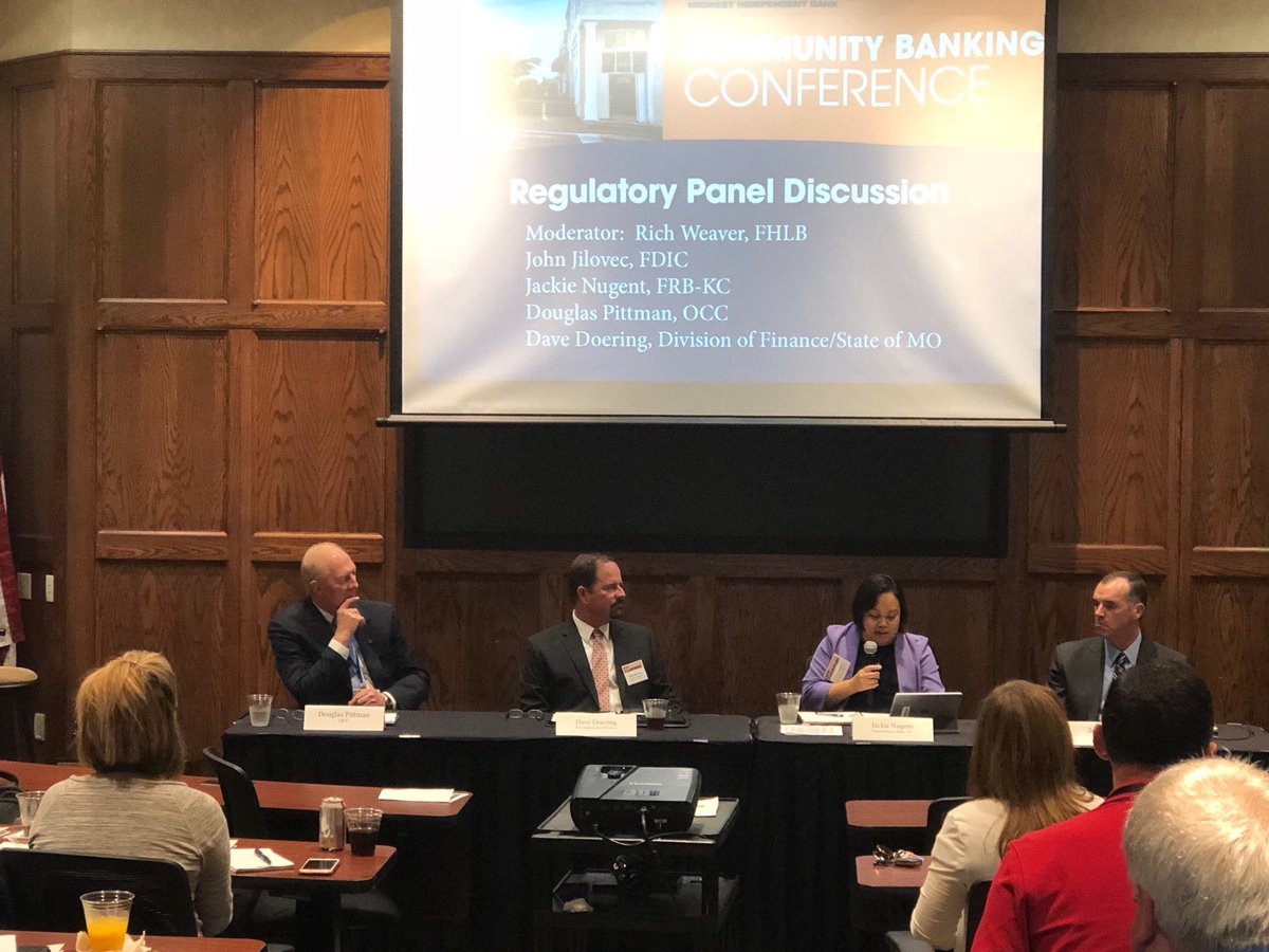 The regulatory panel discussion has begun. A great time to hear from our banking regulators. Thanks to ⁦Doug Pittman ⁦<a href="/USOCC/">OCC</a>⁩, John Jilovec ⁦<a href="/FDICgov/">FDIC</a>⁩, Jackie Nugent ⁦<a href="/KansasCityFed/">Kansas City Fed</a>⁩, Dave Doering with Division of Finance with the state of Missouri. #mibcbc18