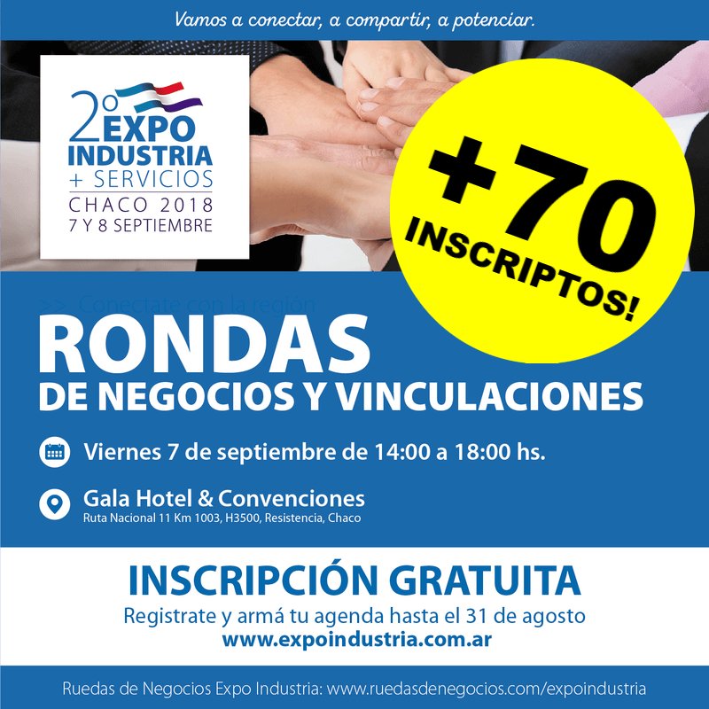 🤝 Más de 70 empresas ya se registraron para participar de la Ronda de Negocios y Vinculaciones de la 2ª ExpoIndustria + Servicios Chaco 2018.

Registrá la tuya hoy, sin cargo, y concertá reuniones con clientes, proveedores, usuarios y prestadores:
👉 ruedasdenegocios.com/expoindustria/