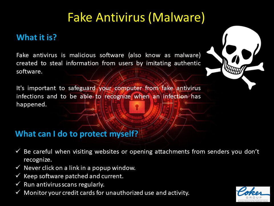 RT <a href="/cokergroup/">Coker</a>: #Cybersecurity tip of the day! Malware is malicious 💀 software used to steal information. Check out these tips to protect yourself from a fake antivirus infection. #CyberAware