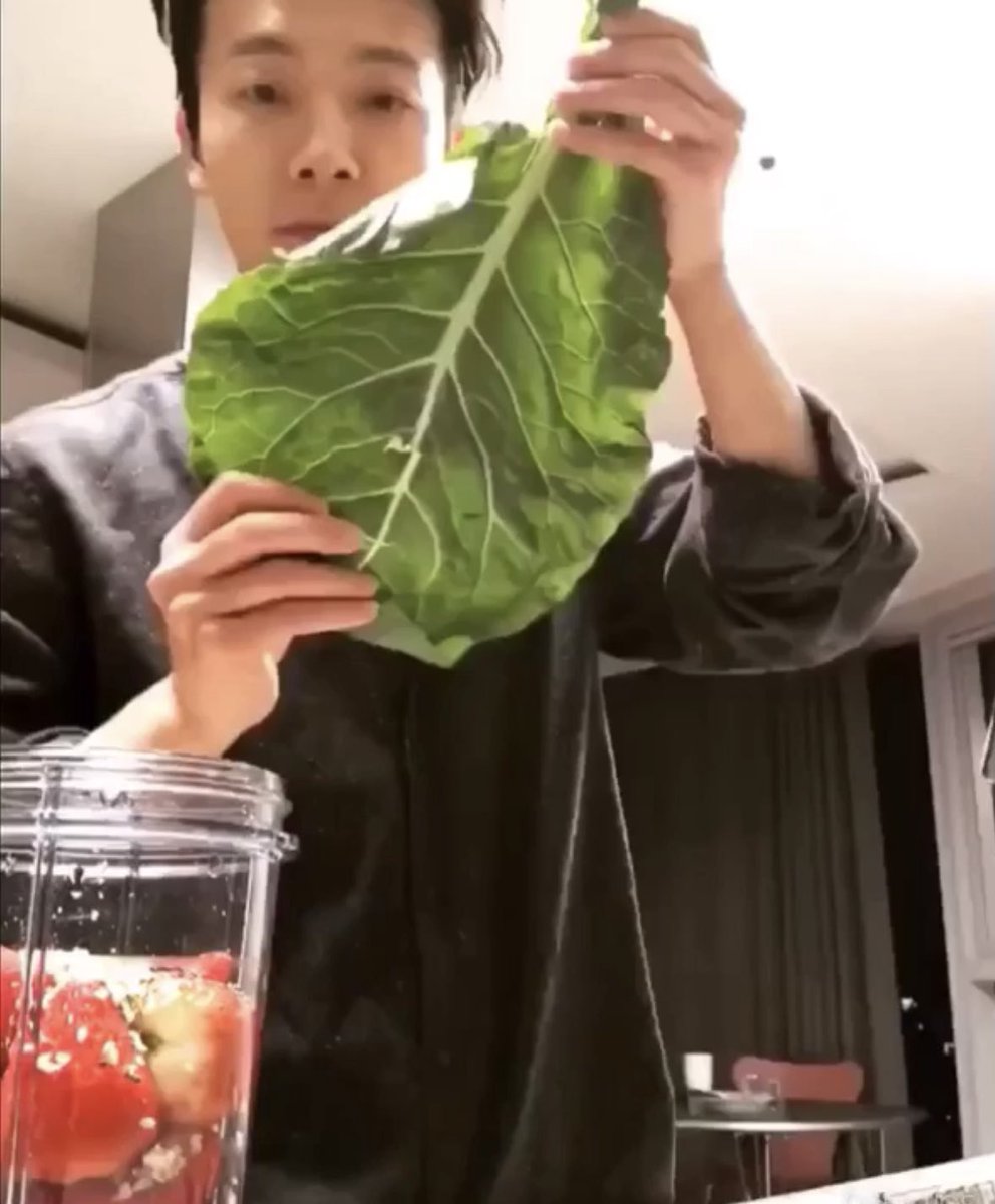 • Straeberries• Donghae leaves(Guessing collard greens) • Muesli/almonds(?)• Chia Seeds• a slash of Donghae’s cuteness The Donghadorable smoothie