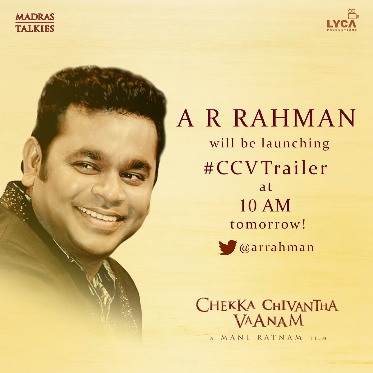 MadrasTalkies_'s tweet image. #CCVTrailer will be launched by our dear @arrahman! Thank you sir, you&apos;re the best!

#ChekkaChivanthaVaanam #CCV #ManiRatnam @LycaProductions @thearvindswami #Simbu #STR #VijaySethupathi @arunvijayno1 @prakashraaj #Jyotika @aditiraohydari @aishu_dil #MansoorAliKhan #Jayasudha