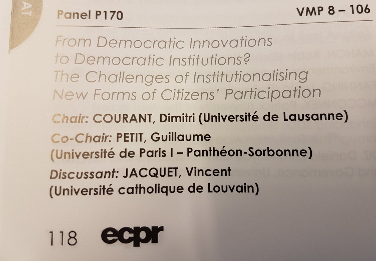DimitriCourant's tweet photo. I will chair and present tomorrow in the panel "From Democratic Innovations to Democratic Institutions? The Challenges of Institutionalising New Forms of Citizens’ Participation" at 9am VMP - Room 106. See you there! #ecprconf18
@ECPR @DemocracyNet_ https://t.co/re4yyEqL4H https://t.co/Et332qXfA0