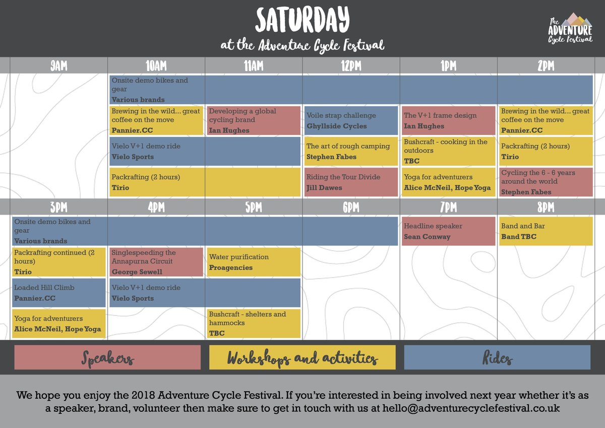 AdvCycleFest's tweet photo. We've got our timetable for this year's Adventure Cycle Festival. Make sure to take a look. It may change slightly as a final few things are added. https://t.co/k3567Ad5sg