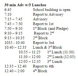 CVHSCounselors's tweet image. Bell schedule for 1st week. Students will receive new student ID &amp;amp; updated schedule in Advisory on Day 1!  Get excited! 🔔🤓✏️📚