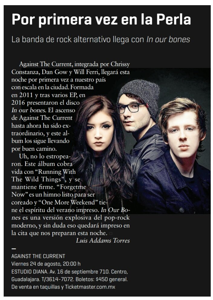 shownomercypd's tweet photo. Gracias a @Ocioenlinea por la difusión, vayan a buscar su ejemplar dentro del periódico #Milenio del día de hoy.
@ATC_BAND #AgainstTheCurrent #ShowNOmercY #EstudioDiana #Gig #InOurBonesWorldTour #OCIOenlinea #ATC https://t.co/skmMY5abNO