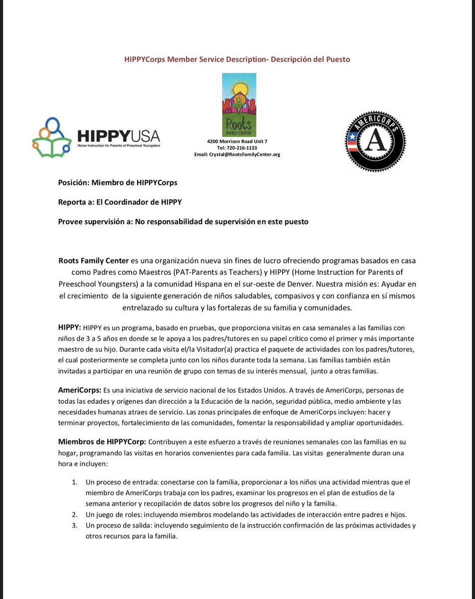 Si te gusta trabajar con la comunidad, específicamente con familias con niños de 3-5 años, estamos buscando personas que les gustaría ser miembros del programa de AmeriCorps. Podrás hacer visita en casa y apoyar a padres ser el primer y más importante maestro de su hijo.