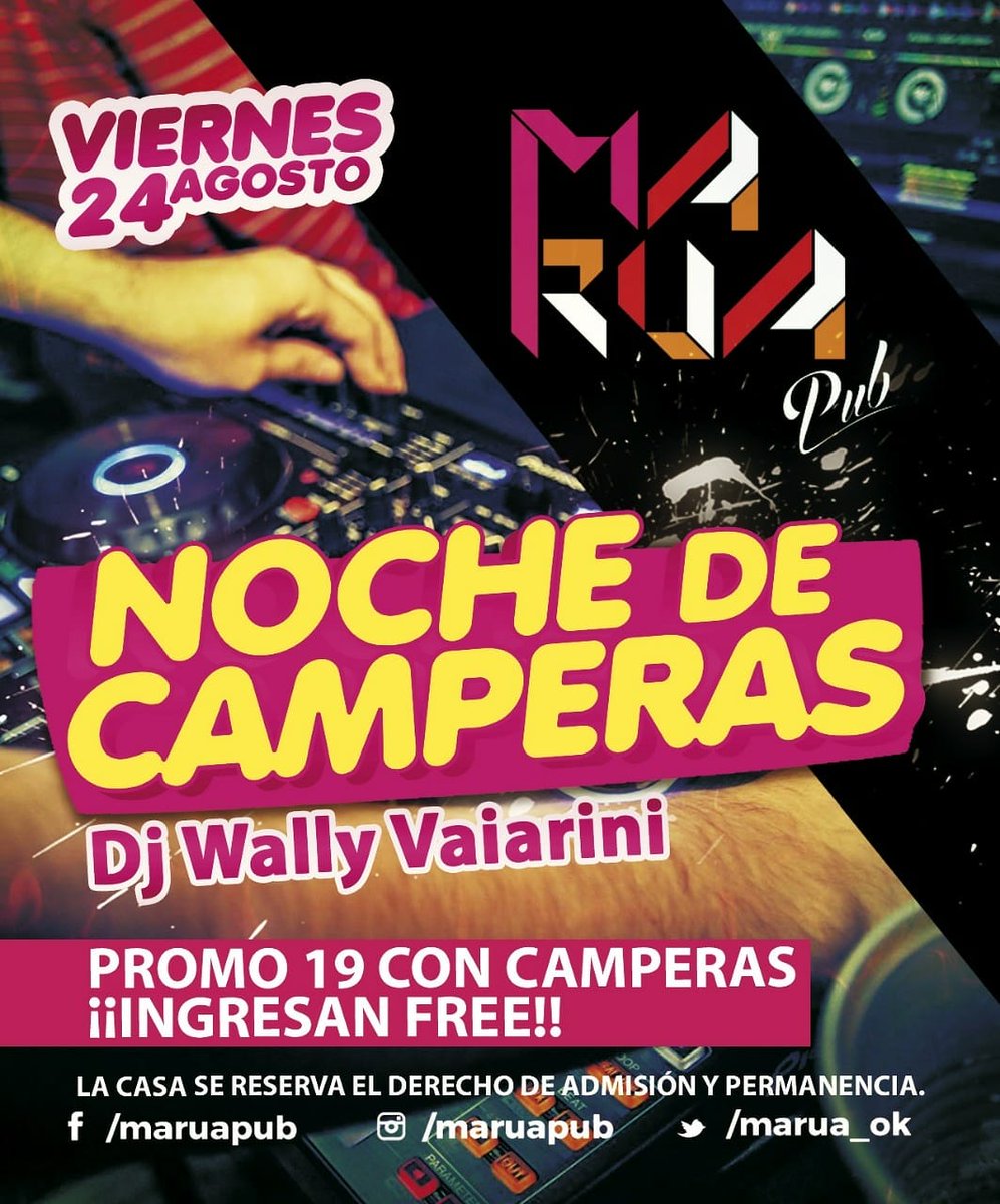 ezecortese7's tweet image. Otro viernes de Marua llega y venimos con mucha fiesta!!!🔥💪😍👉 #NocheDeCamperas para todas las #Promo19 de Basso y la zona si van con sus camperas entran GRATIS!🔥🤝
👉DJ Wally Vaiarini🎧 
👉 No es todo! Si sos #Promo18 llevando tu campera participas por consumiciones 🎉🎊🍻