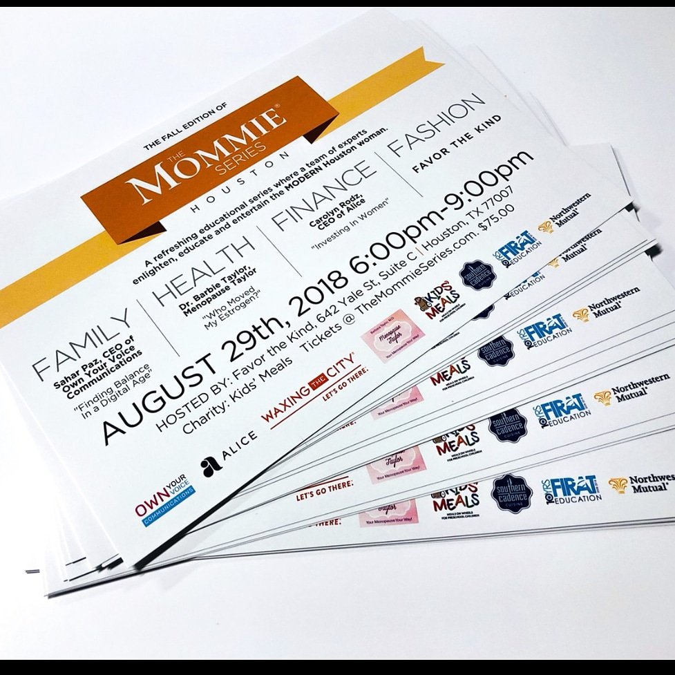 AG_HoustonTX's tweet photo. We LOVE working with The Mommie Series! Check out this flyer,  printed on Pro Digital Gloss 100#, for the upcoming lectures next Wednesday.  

#print #Digitalprint #advertising #flyers #houstongalleria #GetNoticed #GetBusiness https://t.co/y6iLBxjQDI