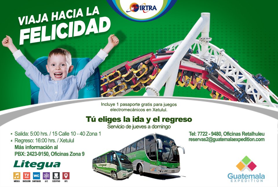 IRTRAfelicidar's tweet photo. Viaja hacia la Felicidad con #Litegua. 

#Irtra #Diversion #Transporte #Xetulul #Xocomil https://t.co/EMH7S2qEeE