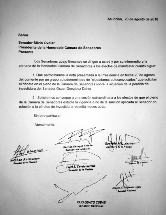 fidelzavalapy's tweet photo. Iniciamos la recolección de firmas para hacer una sesión extraordinaria y debatir sobre la vigencia de la pérdida de investidura del senador Óscar González Daher. https://t.co/PTdlm4mhsj