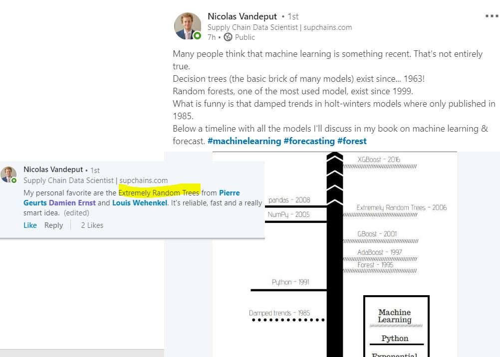 DamienERNST1's tweet image. Sometimes you read very nice things about your former research work on Linkedin. 
Here is the paper that describes the Extremely Randomized Trees: bit.ly/2OZC65J
#MachineLearning #ArificialIntelligence