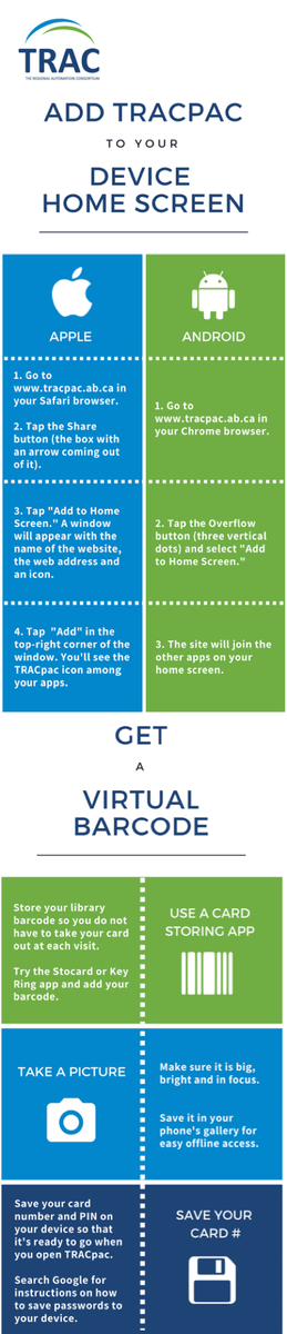 NLLS_Alberta's tweet photo. If you enjoy using a device to access your library, this is for you! #NLLSlibraries Quick tips on adding TRACpac to your device's home screen and how to get a virtual barcode! https://t.co/lIdWA5GYUP