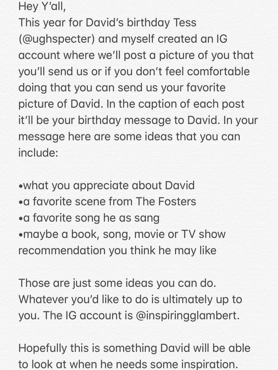 TeamBrallie_'s tweet photo. The info on David Lambert’s Birthday project! If you have any questions let us know. Please RT to spread the word. #TheFosters #DavidLambert https://t.co/ZYG92PM3Xo
