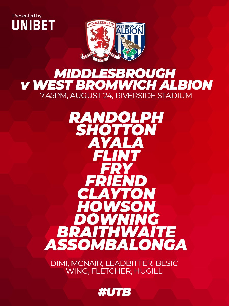 Boro's tweet image. Here's the #Boro team to play @WBA, presented by @unibet 🔴⚪️ #UTB